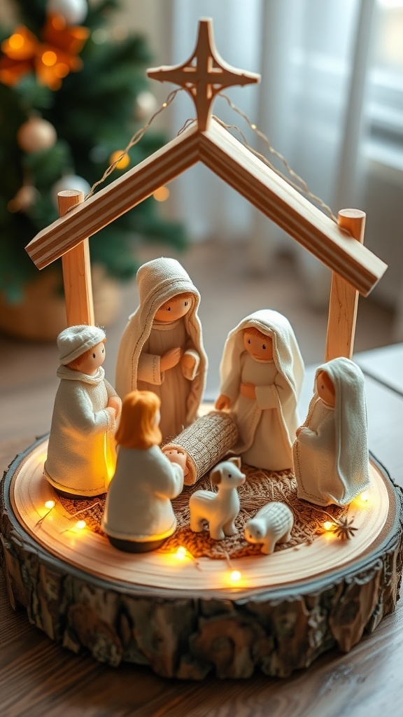 A handmade nativity scene with clay figures of Mary, Joseph, and baby Jesus on a wooden base, illuminated with soft lights.